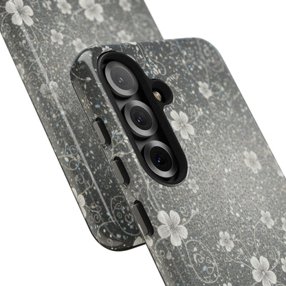 Floral Sparkle Tough Phone Case — Black & Silver Vintage Blossom