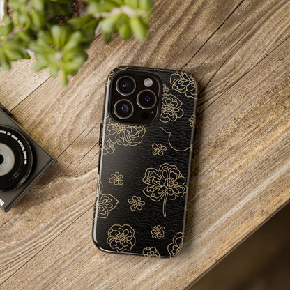 Floral Leather-Texture Tough Case – Black Gold Outline Phone Cover