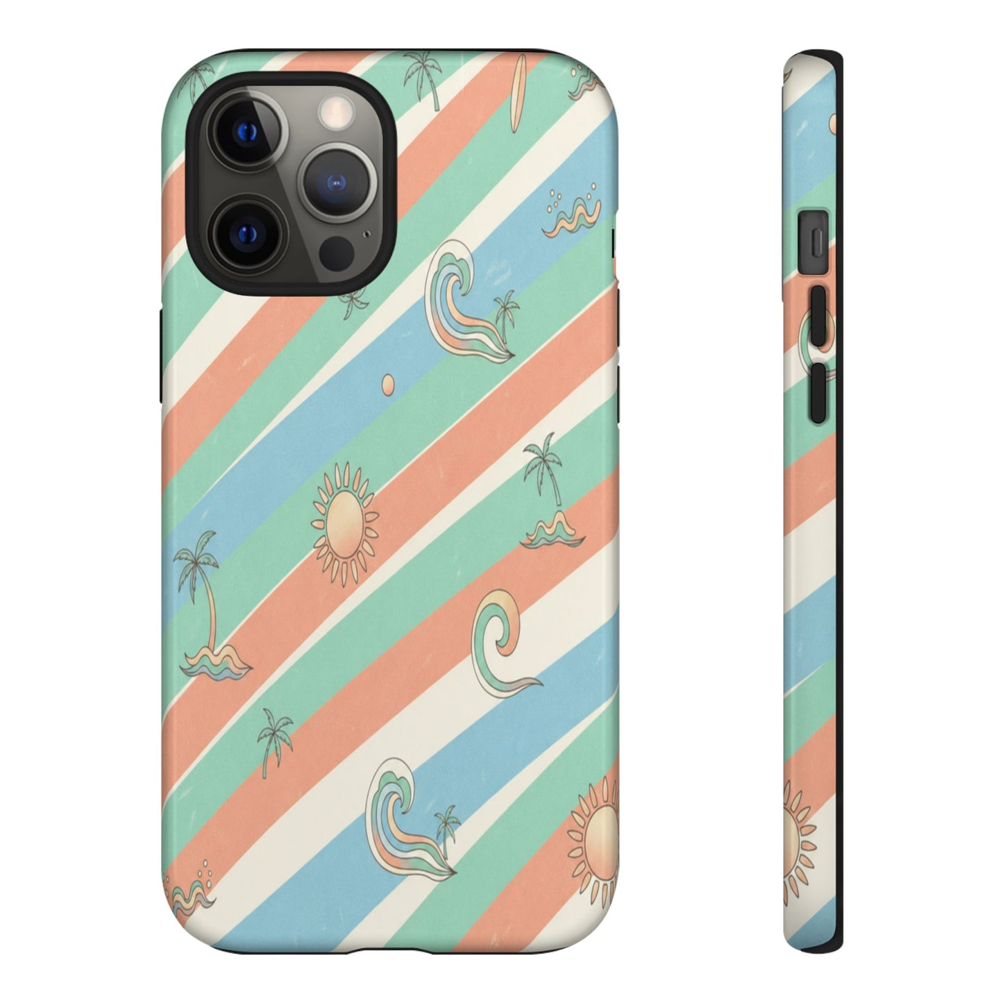 Retro Beach Stripes Phone Case — Sun, Waves & Palm Pattern Tough Case
