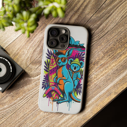 Kangaroo & Koala Surf Phone Case — Retro Neon Beach Art Tough Case