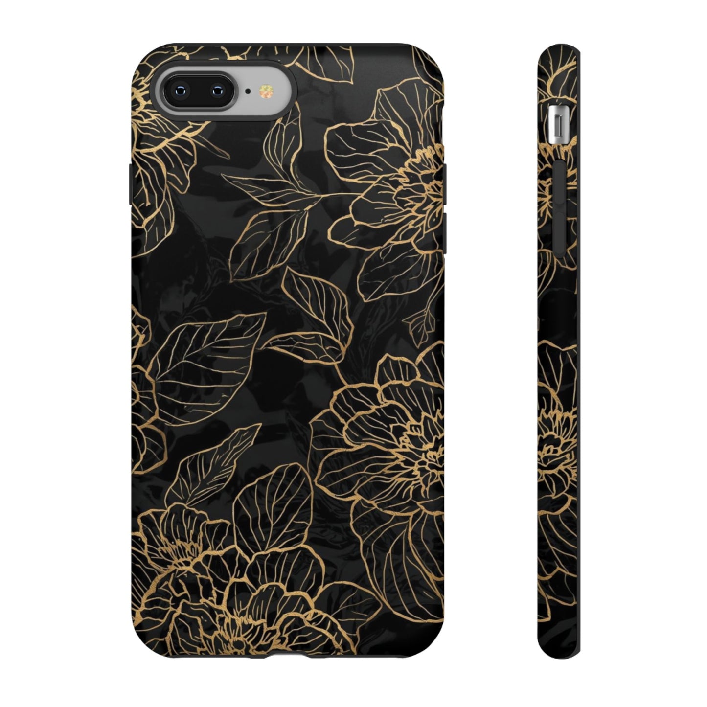 Floral Gold Outline Tough Phone Case – Black Botanical Protective Cover