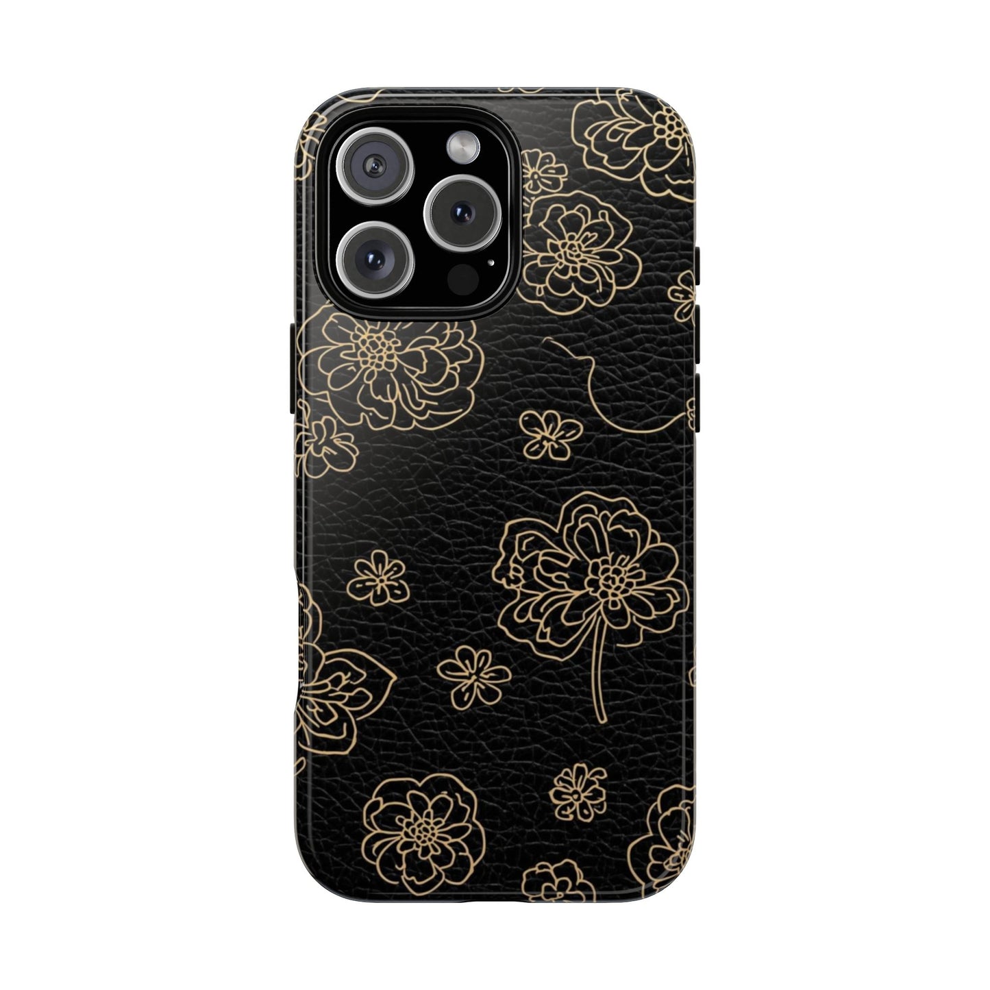 Floral Leather-Texture Tough Case – Black Gold Outline Phone Cover