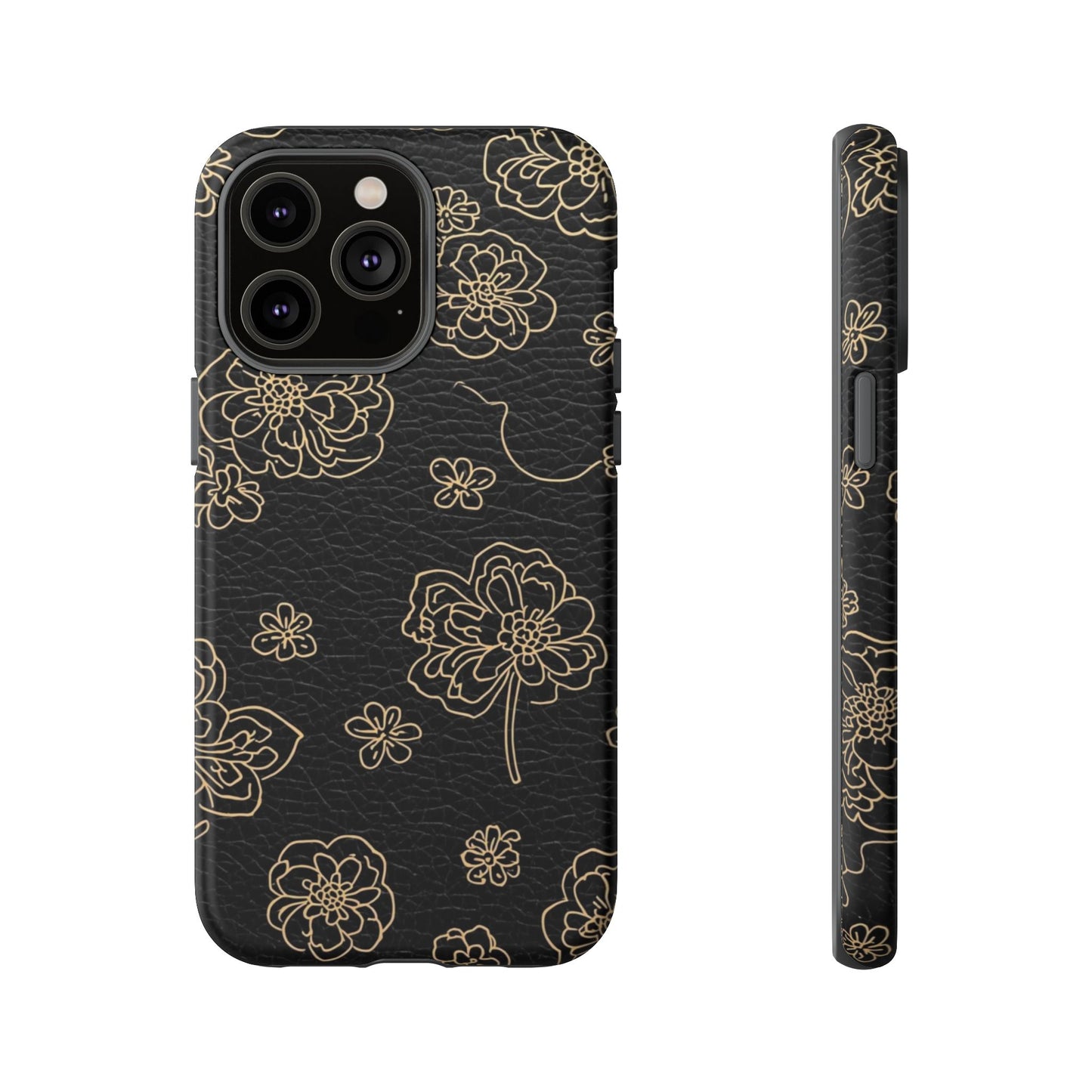Floral Leather-Texture Tough Case – Black Gold Outline Phone Cover
