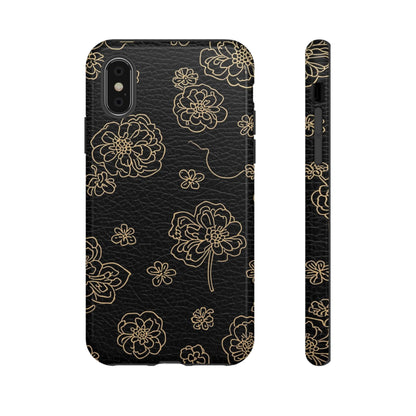 Floral Leather-Texture Tough Case – Black Gold Outline Phone Cover
