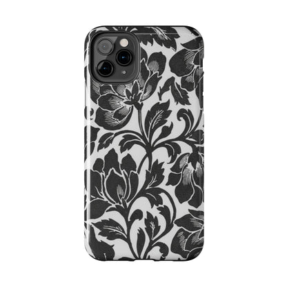 Tough Phone Case — Black & White Vintage Floral Protective Cover