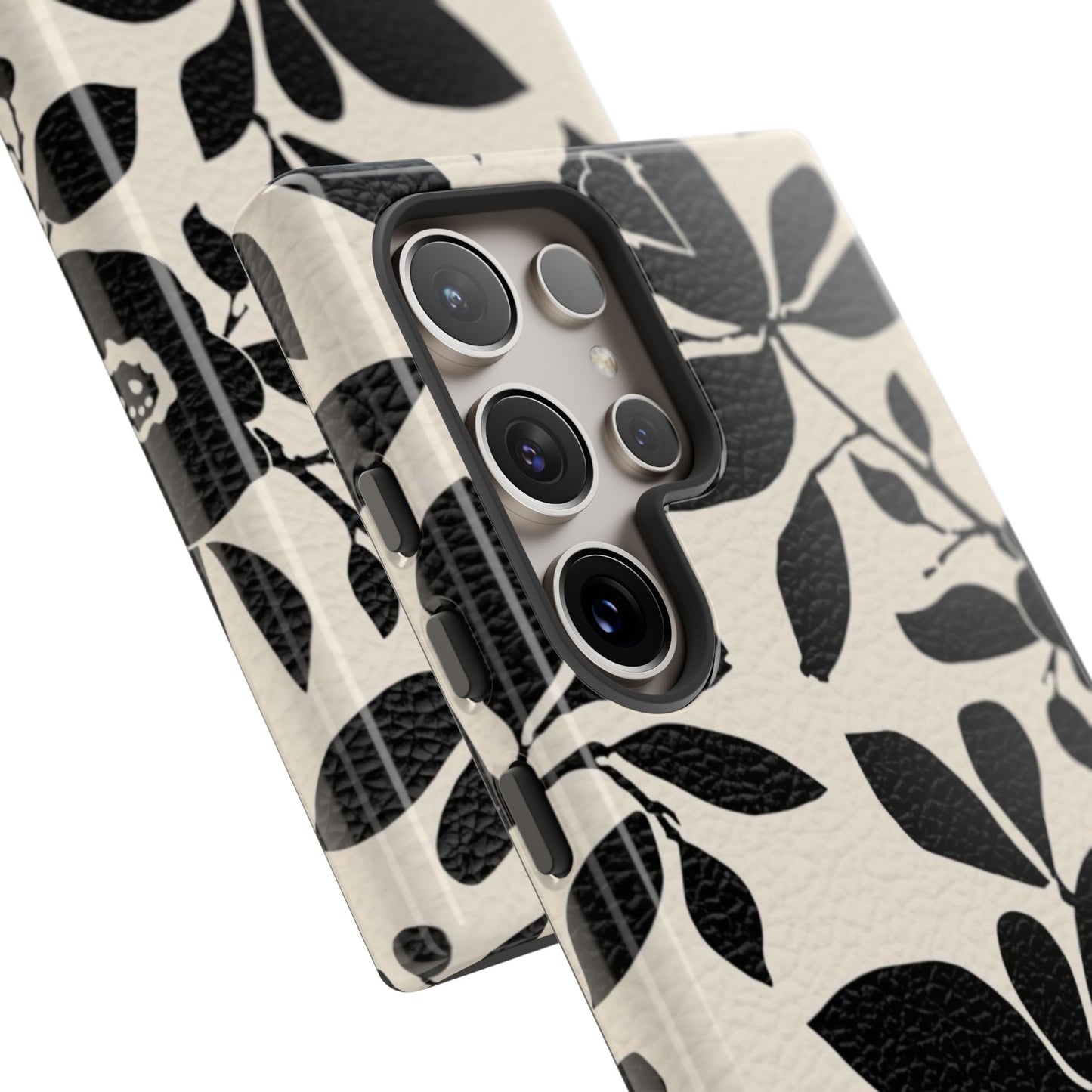 Black Floral Pattern Phone Case — Monochrome Botanical Tough Case