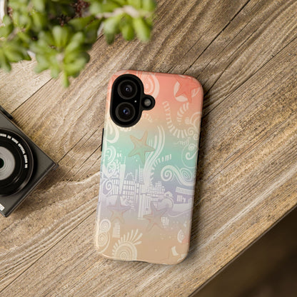 Tough Cases: Pastel Beach Pattern Phone Case — Starfish & Coastal Cityscape Protective Cover