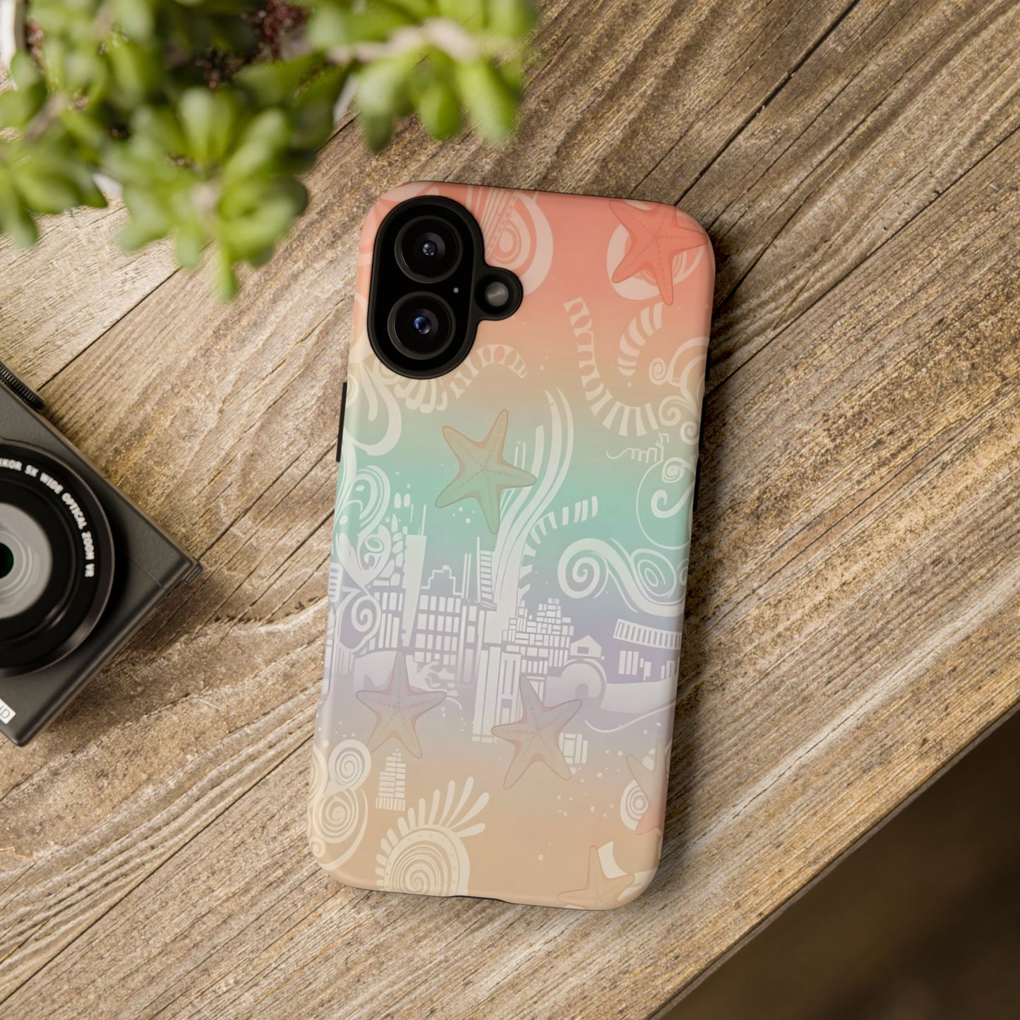 Tough Cases: Pastel Beach Pattern Phone Case — Starfish & Coastal Cityscape Protective Cover
