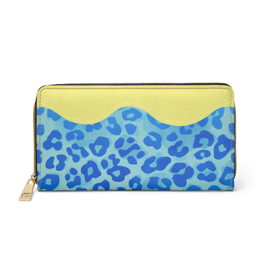 Blue Leopard Zip Wallet — Yellow Accent Animal Print Women's Wallet