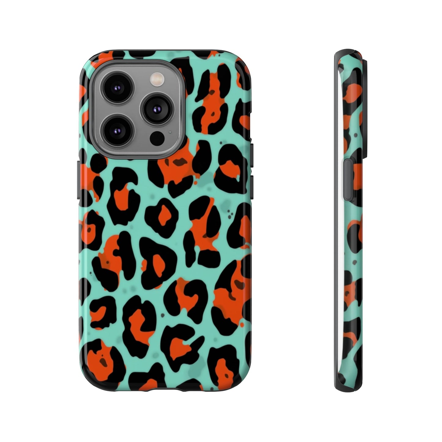 Leopard Print Tough Phone Case — Teal & Rust Protective iPhone Cover