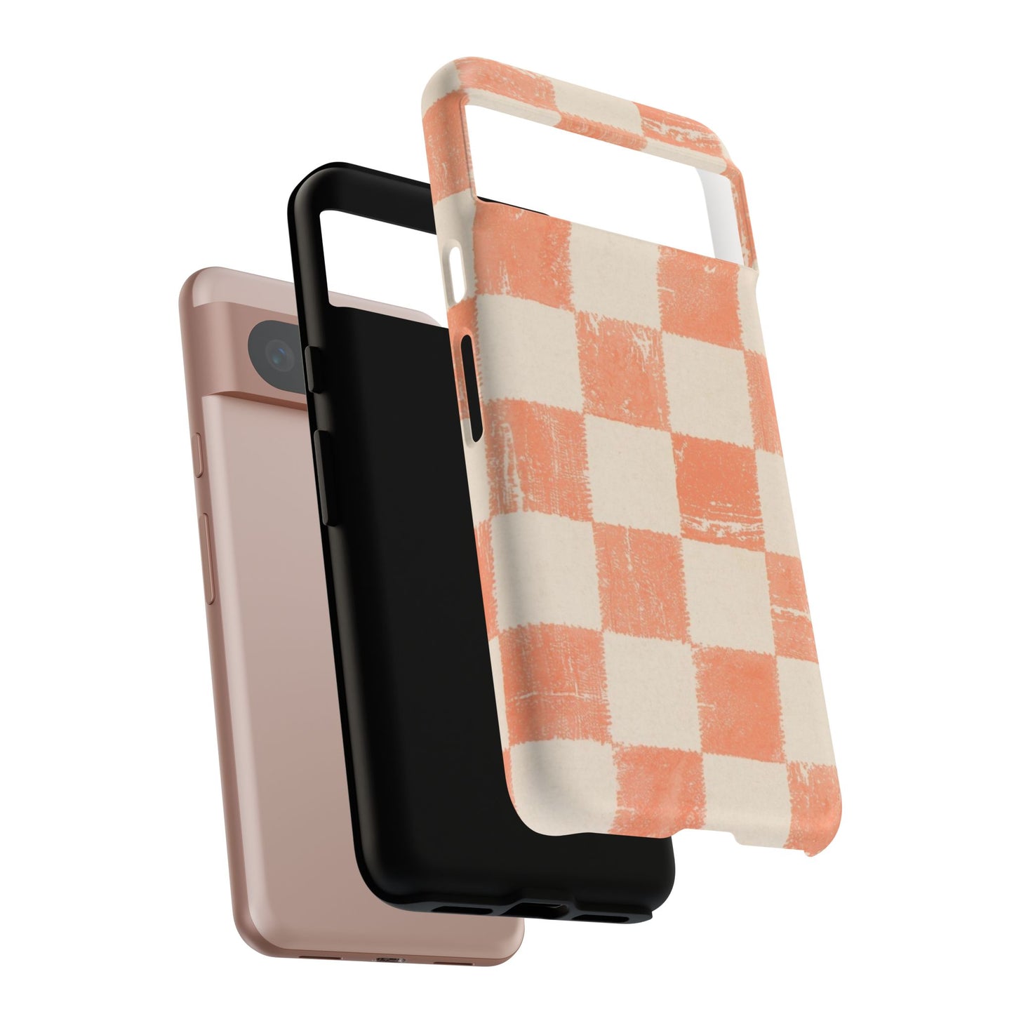 Peach Checkerboard Tough Phone Case — Retro Distressed Grid Design
