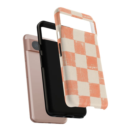 Peach Checkerboard Tough Phone Case — Retro Distressed Grid Design