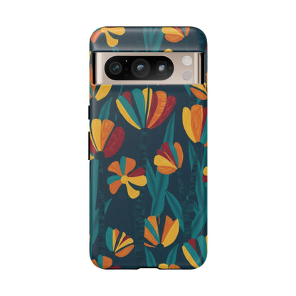 Floral Retro Teal Tough Phone Case — Vibrant Orange & Mustard Blooms