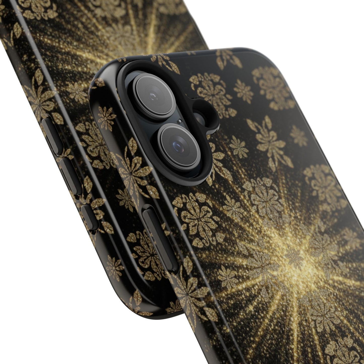 Glitter Burst Tough Phone Case — Black & Gold Floral Protective Cover