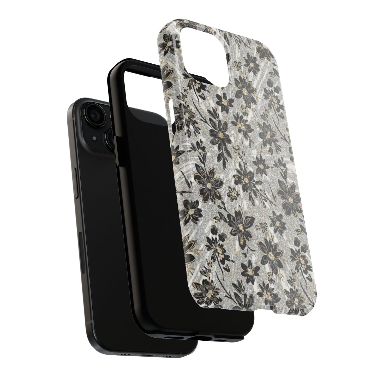 Floral Vintage Tough Phone Case — Black & Gray Rustic Flower Protective Case