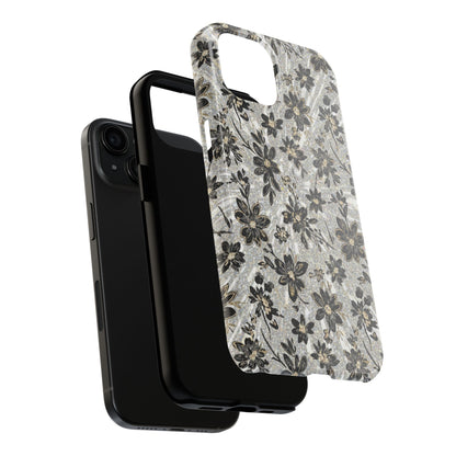 Floral Vintage Tough Phone Case — Black & Gray Rustic Flower Protective Case