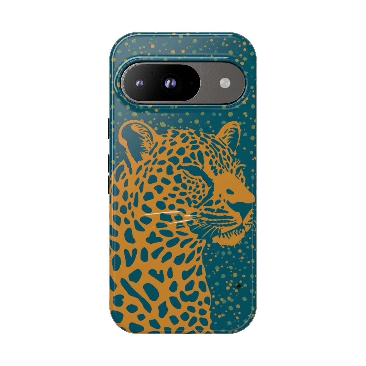 Leopard Print Tough Phone Case — Gold Panther on Teal, Protective iPhone Cover