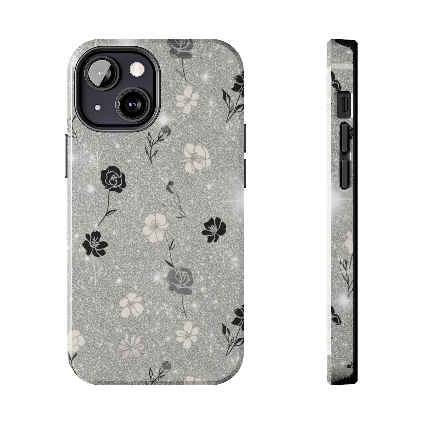 Floral Glitter Tough Phone Case — Black & Silver Vintage Flower Protective Cover