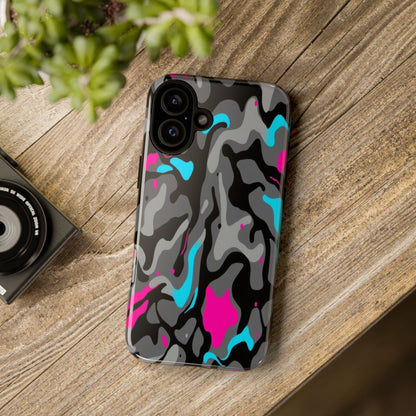Camouflage Phone Case — Gray Camo with Neon Pink & Cyan Accent Tough Protective Cover