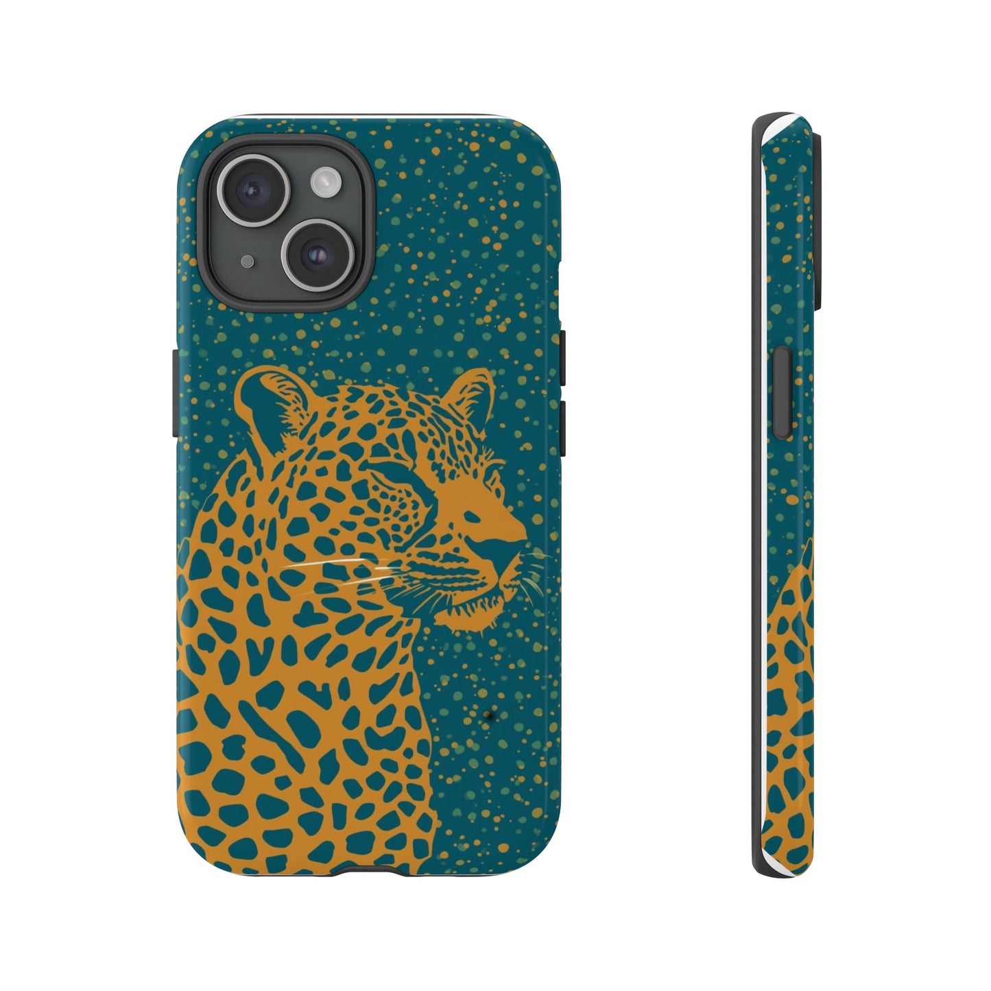 Leopard Spotlight Phone Case — Teal Gold Animal Print Protective Cover