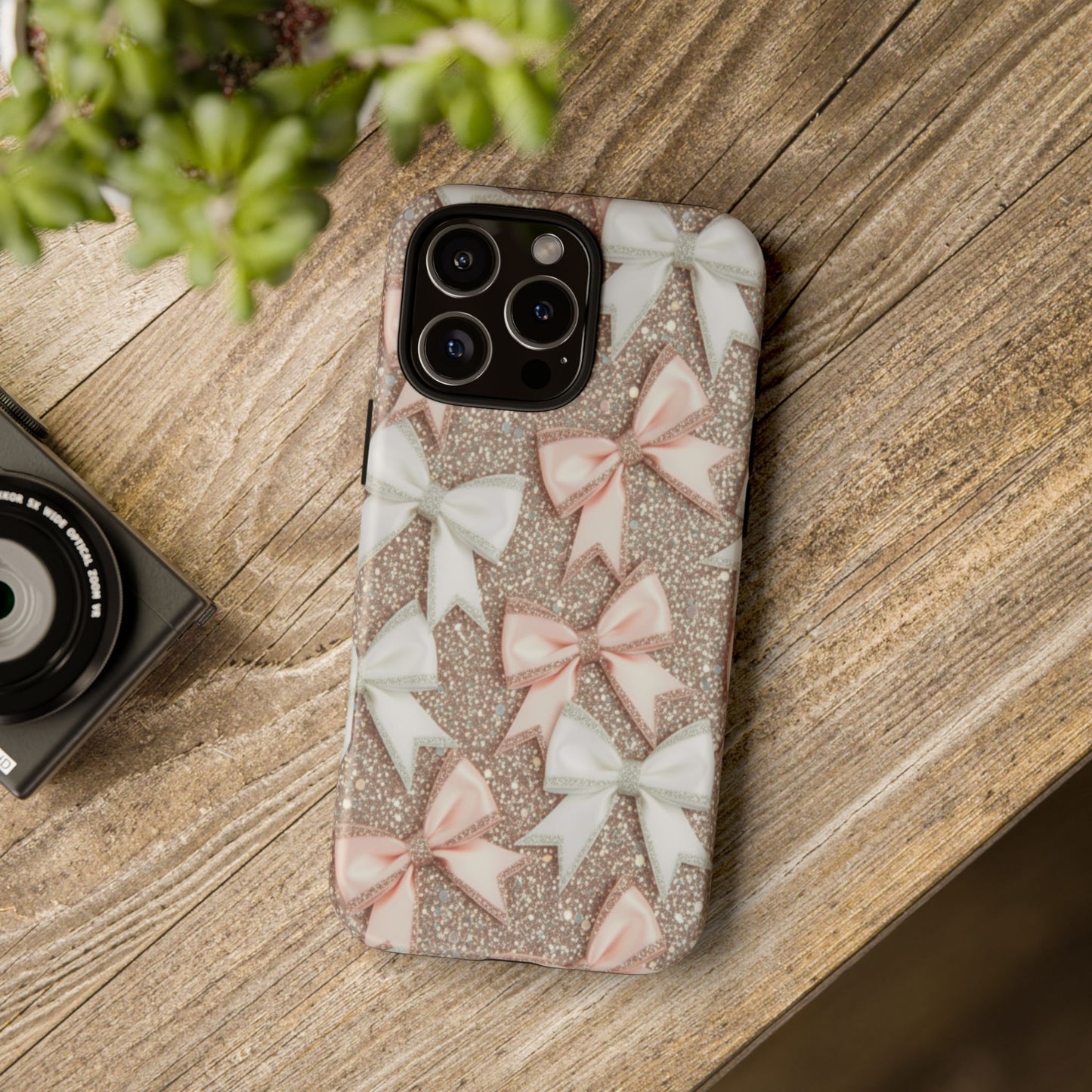 Glitter Bow Tough Phone Case — Pink & White Ribbon Protective Cover