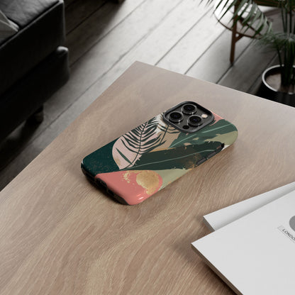Tropical Leaf Tough Phone Case — Abstract Pink & Green Botanical Protective Cover