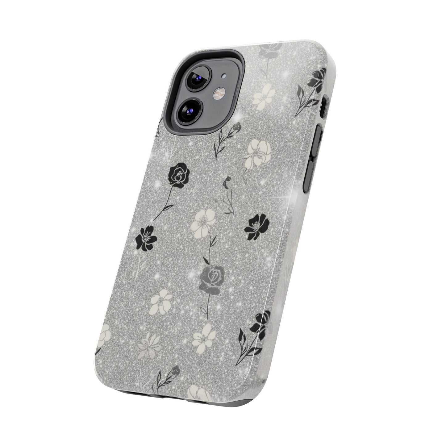 Floral Glitter Tough Phone Case — Black & Silver Vintage Flower Protective Cover