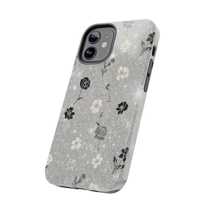 Floral Glitter Tough Phone Case — Black & Silver Vintage Flower Protective Cover