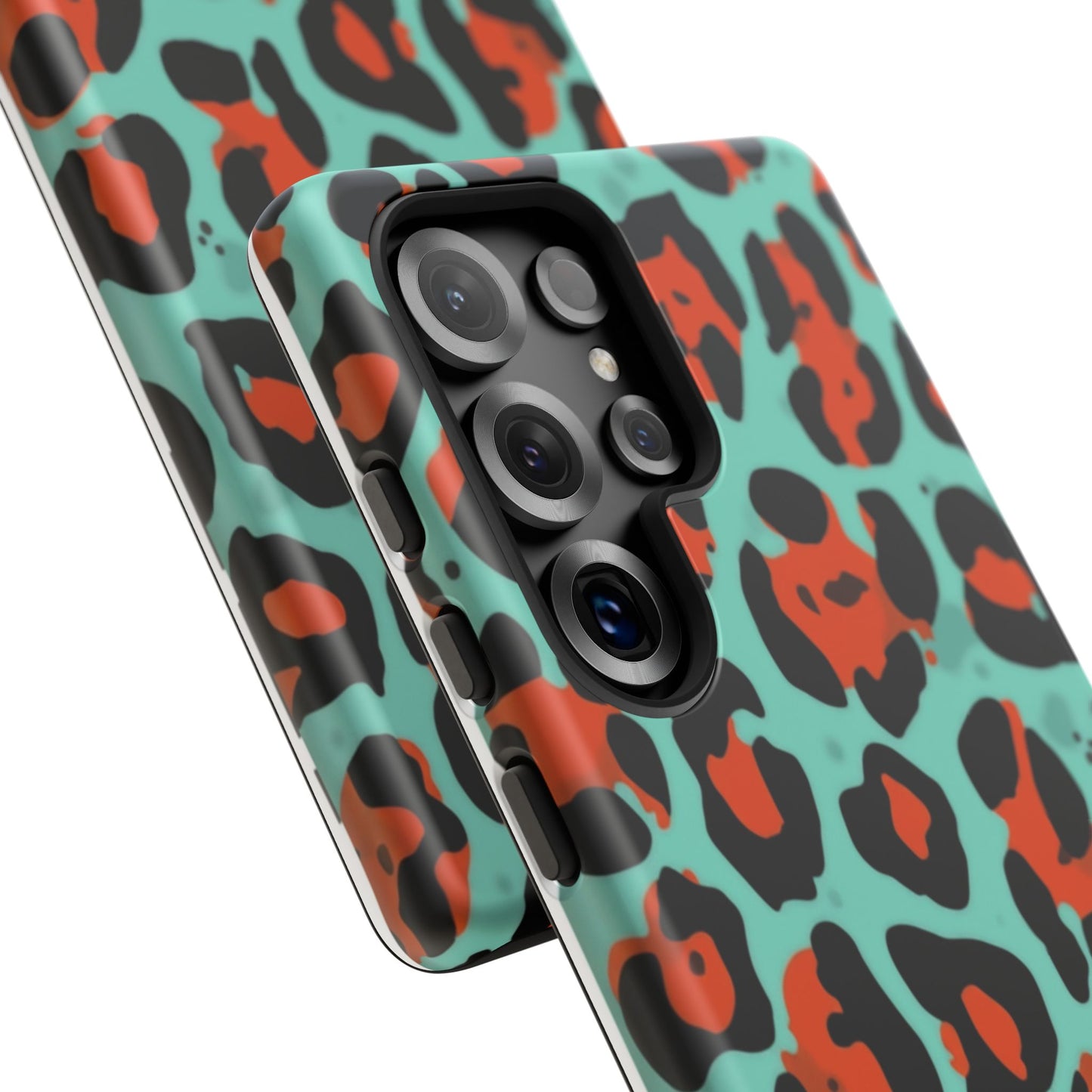 Leopard Print Tough Phone Case — Teal & Rust Protective iPhone Cover