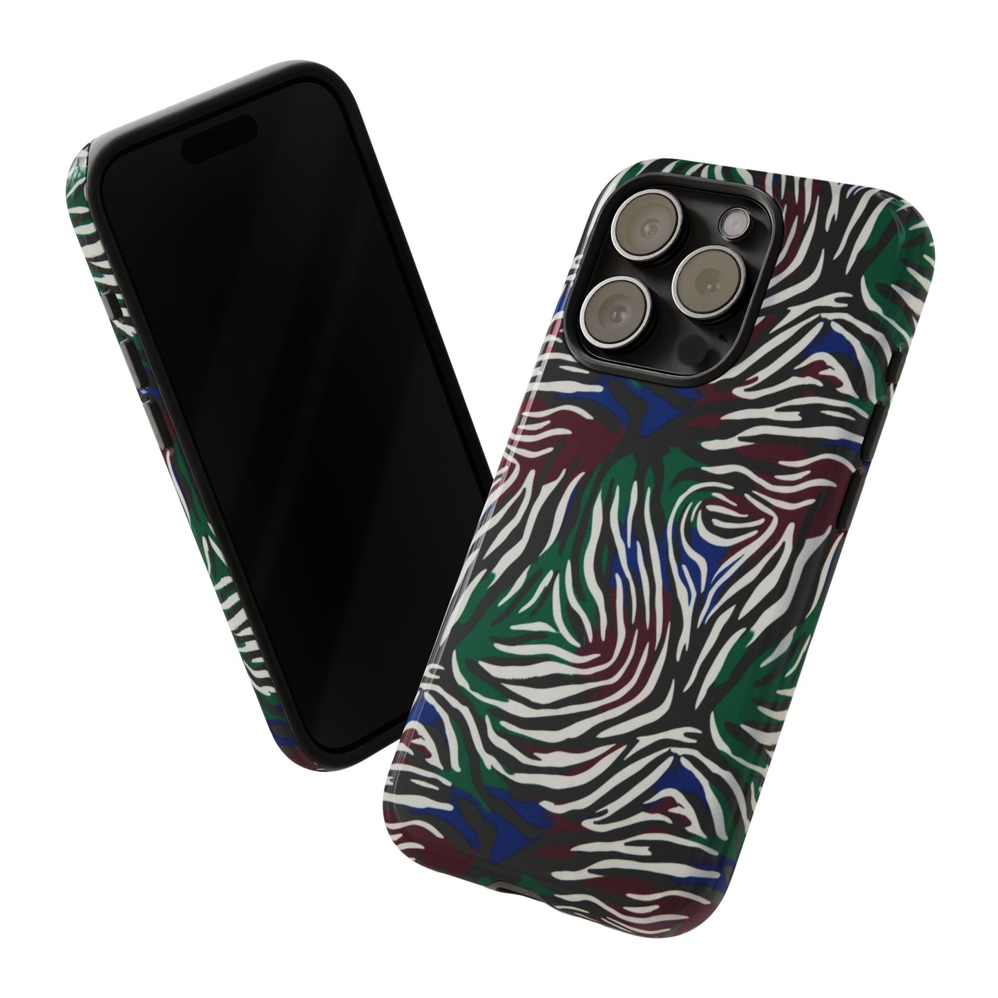 Zebra Camo Tough Phone Case – Green & Blue Animal Print Protective Cover