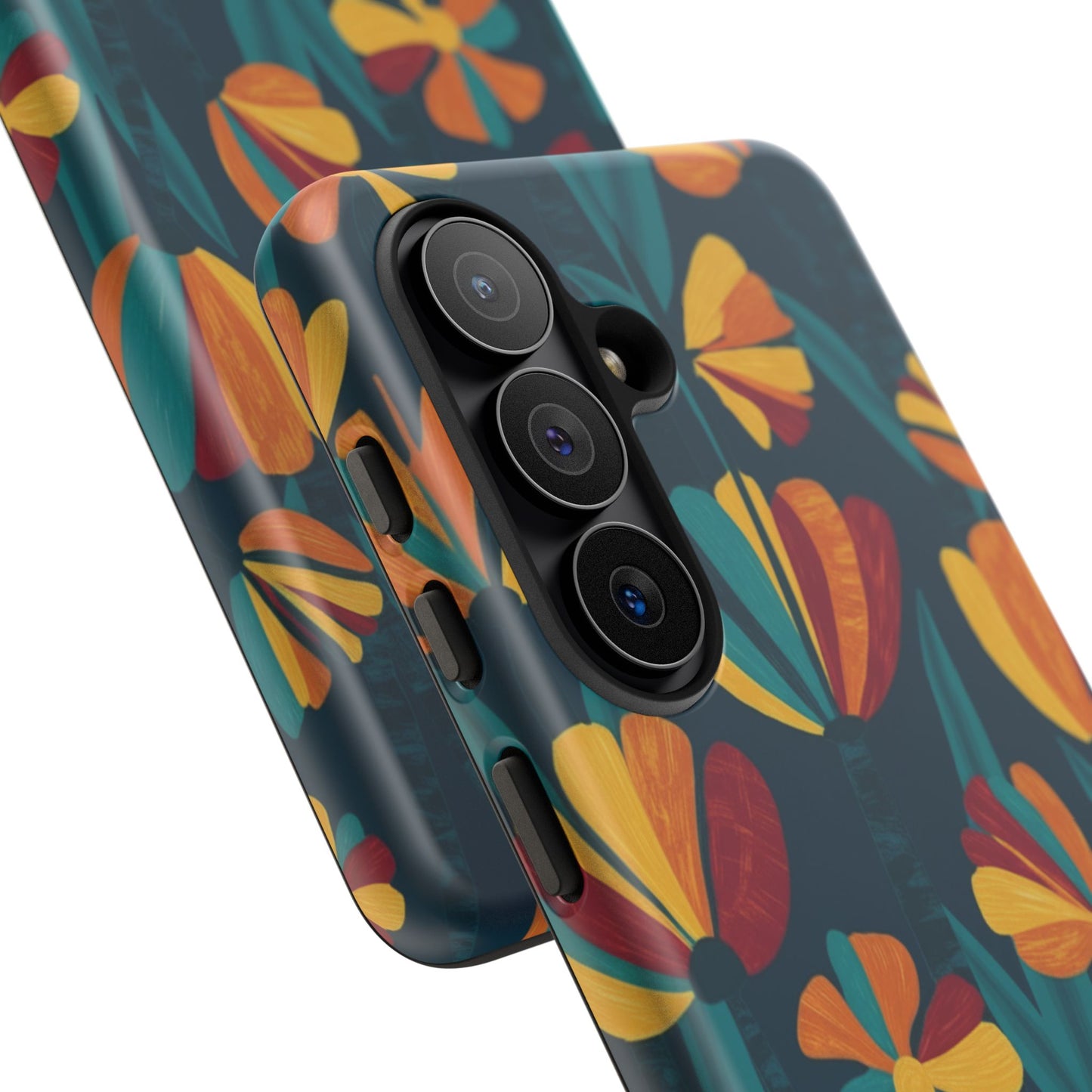 Floral Retro Teal Tough Phone Case — Vibrant Orange & Mustard Blooms