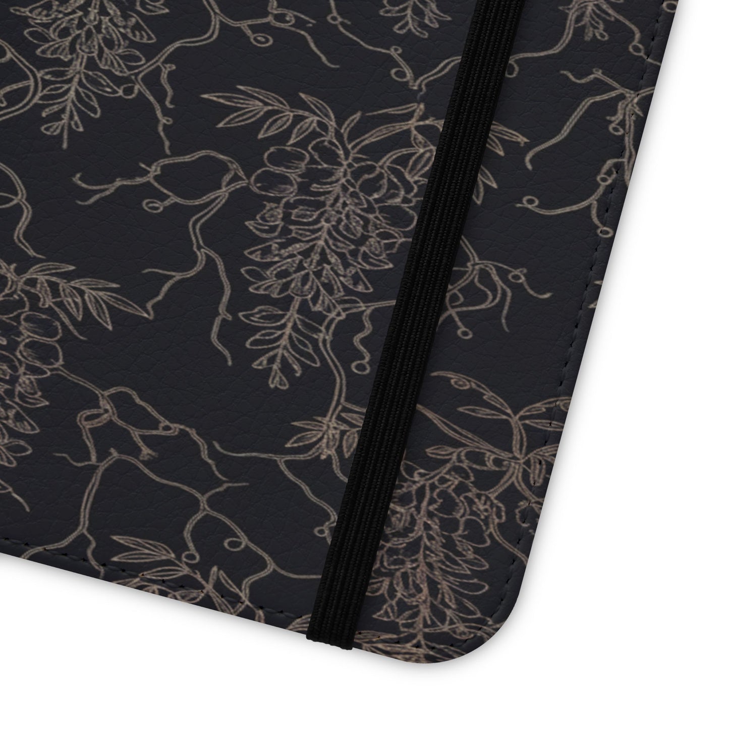 Botanical Noir Flip Phone Case — Dark Floral Wallet Cover with Card Slots