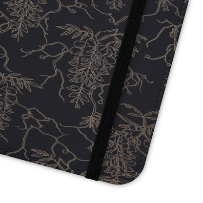 Botanical Noir Flip Phone Case — Dark Floral Wallet Cover with Card Slots