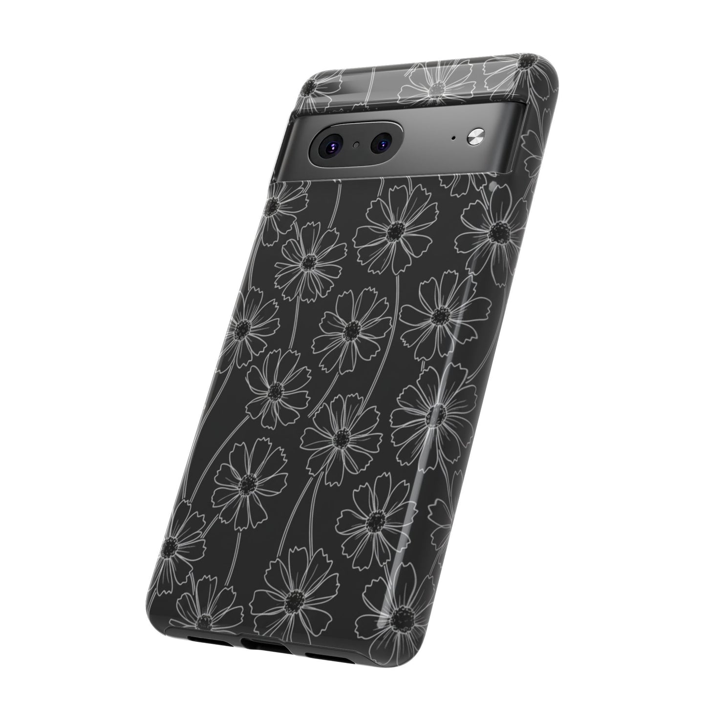 Floral Doodle Tough Phone Case — Black & Gray Daisy Pattern