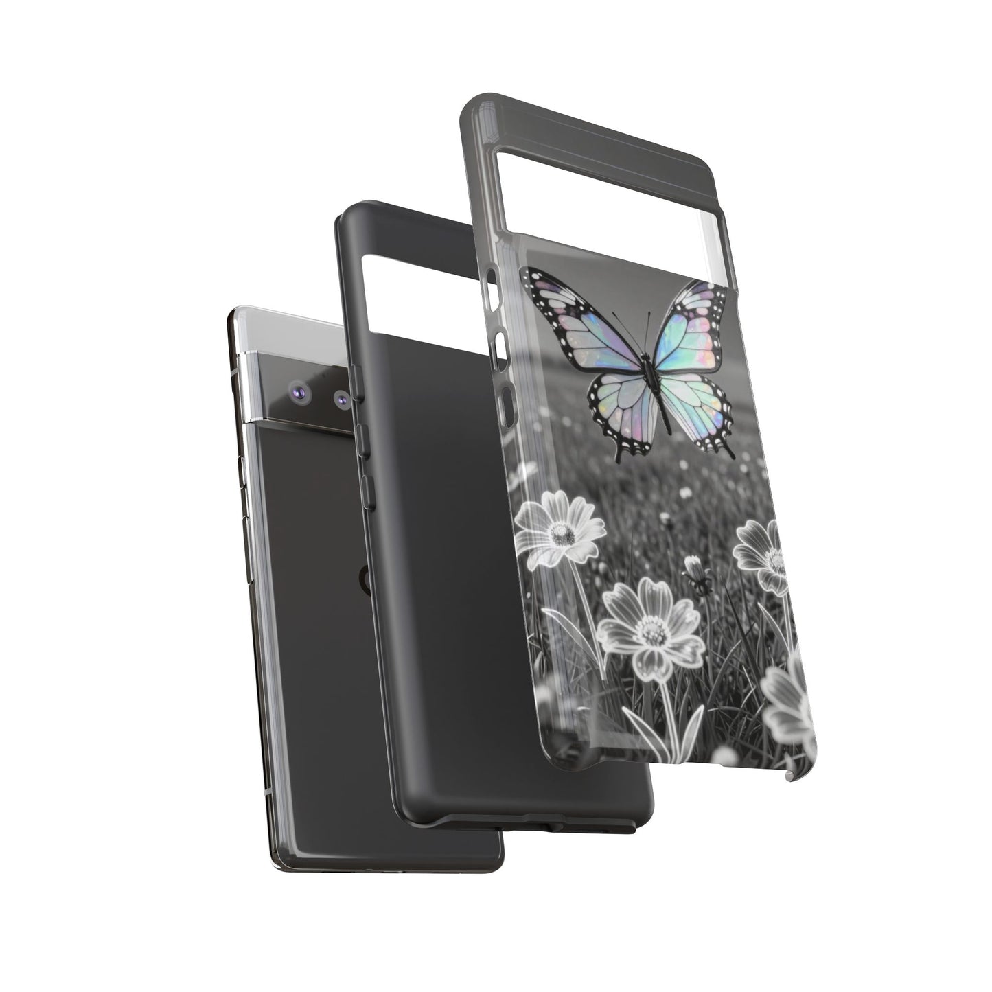 Butterfly Field Tough Phone Case — Pastel Holographic Butterfly on Black & White Floral Background