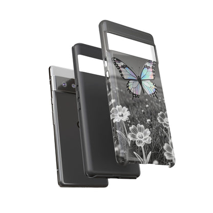 Butterfly Field Tough Phone Case — Pastel Holographic Butterfly on Black & White Floral Background