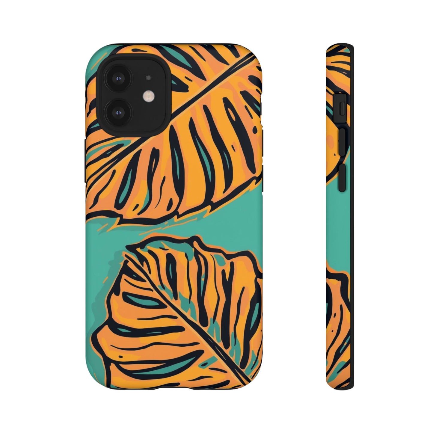 Tropical Leaf Tough Phone Case — Orange Monstera Design on Teal