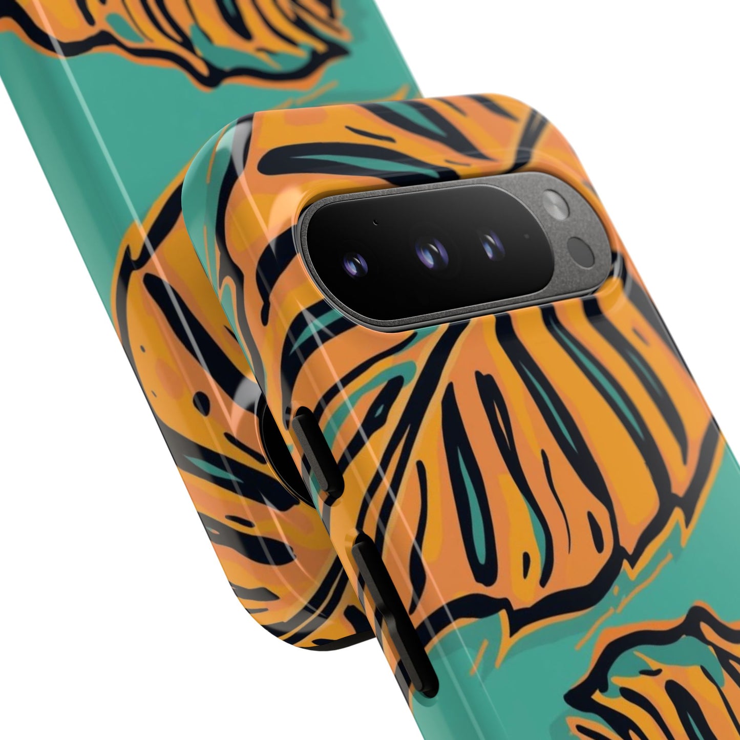 Tropical Leaf Tough Phone Case — Orange Monstera Design on Teal
