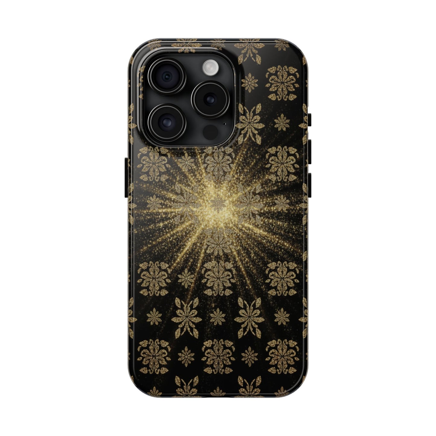 Glitter Burst Tough Phone Case — Black & Gold Floral Protective Cover