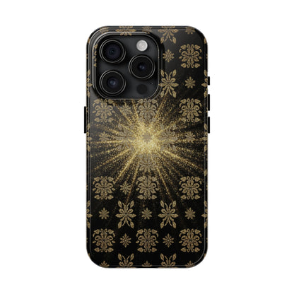 Glitter Burst Tough Phone Case — Black & Gold Floral Protective Cover
