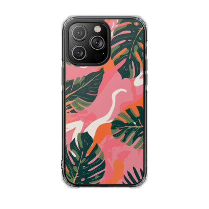 Clear Magnetic Phone Case — Tropical Pink Monstera Design