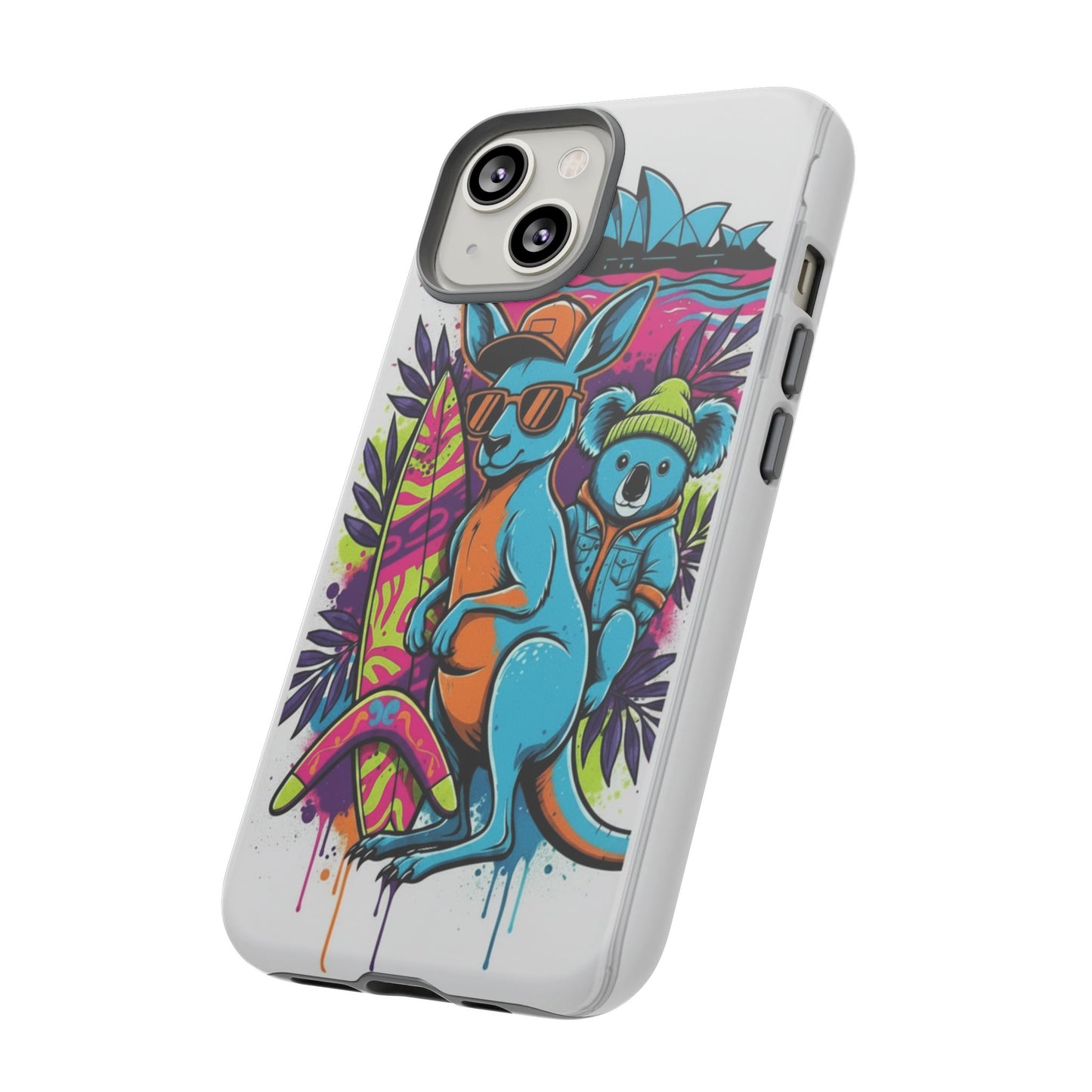Kangaroo & Koala Surf Phone Case — Retro Neon Beach Art Tough Case