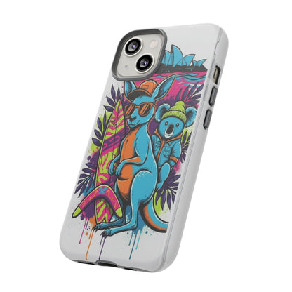 Kangaroo & Koala Surf Phone Case — Retro Neon Beach Art Tough Case