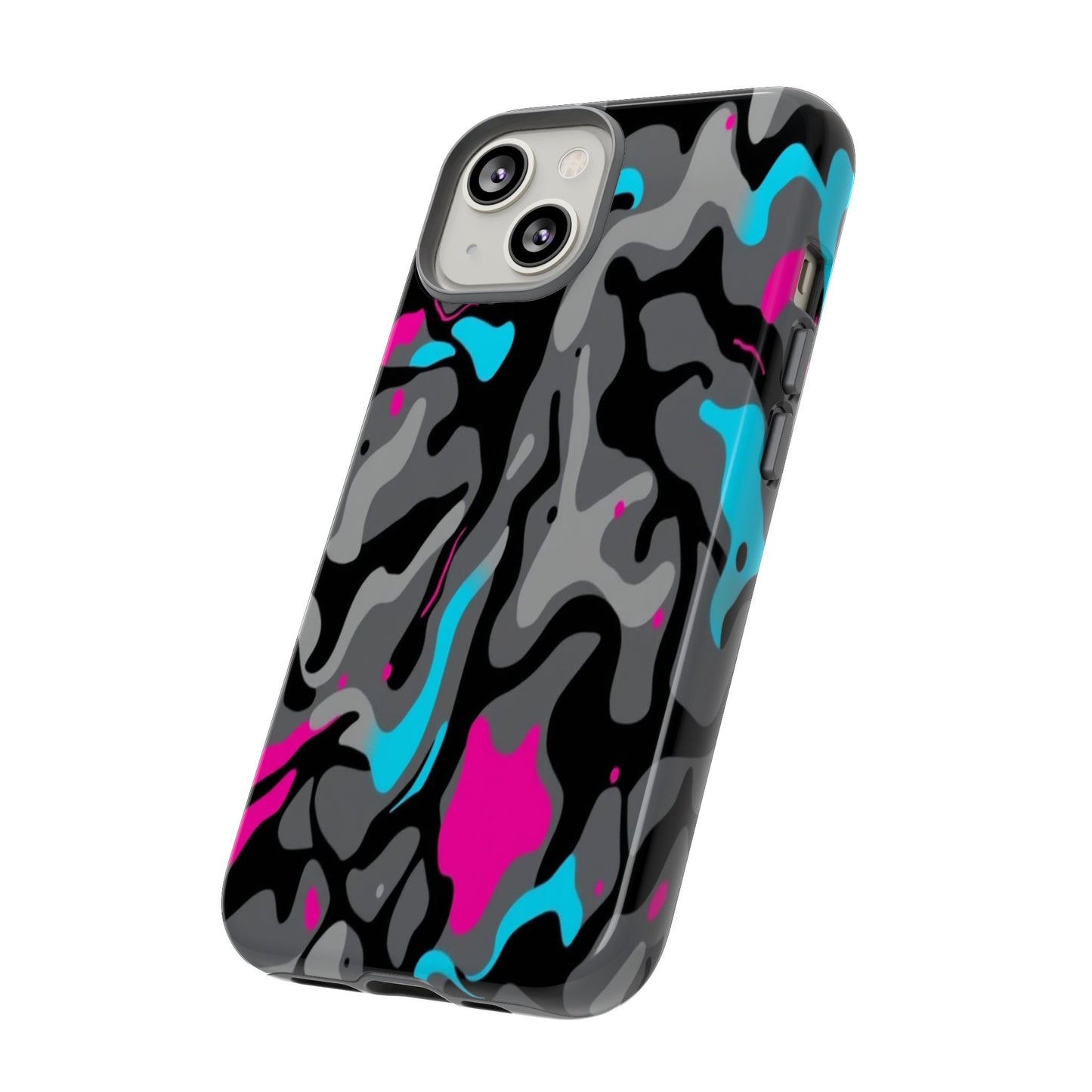 Camouflage Phone Case — Gray Camo with Neon Pink & Cyan Accent Tough Protective Cover