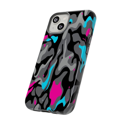 Camouflage Phone Case — Gray Camo with Neon Pink & Cyan Accent Tough Protective Cover