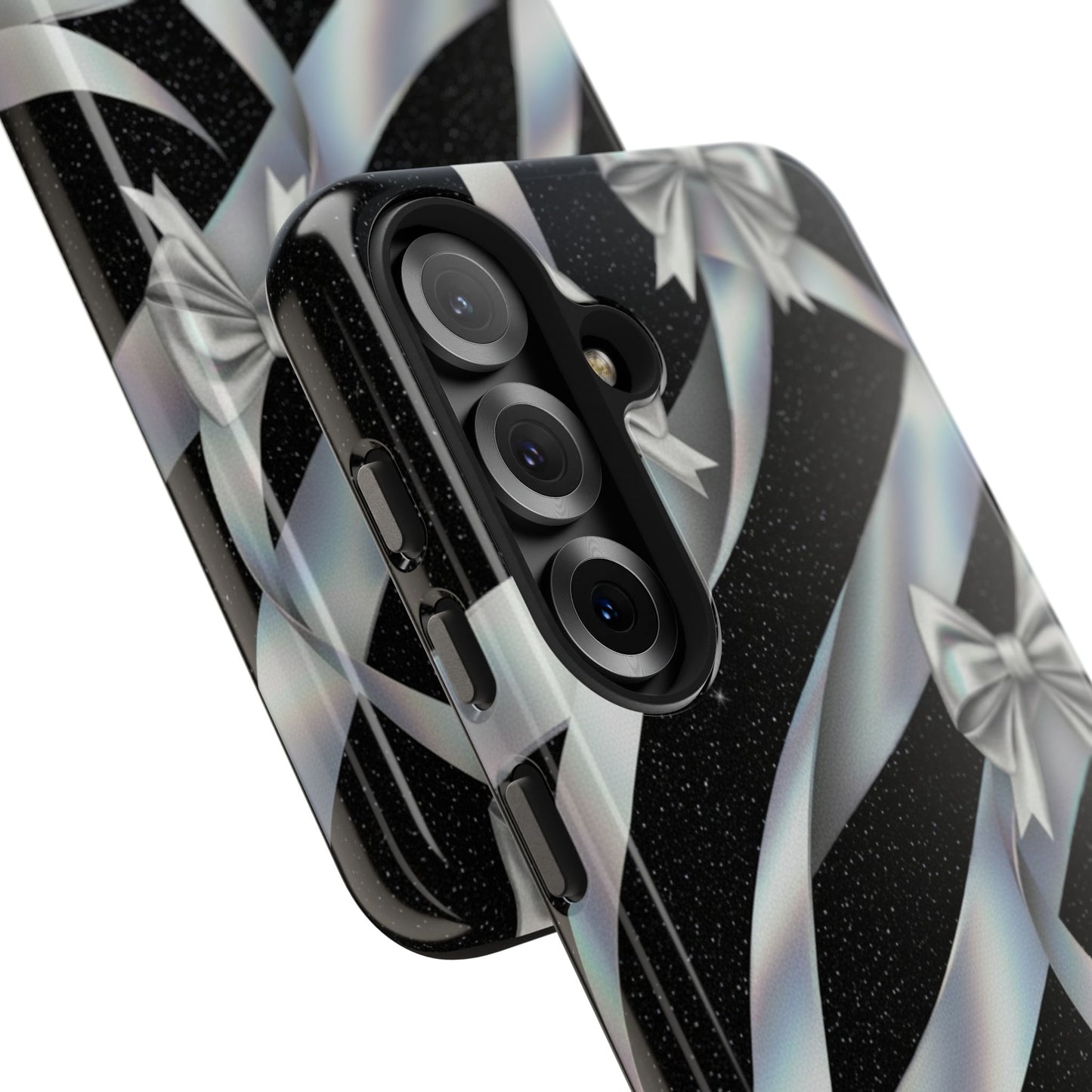 Silver Ribbon Bow Tough Phone Case — Glitter Black Protective Phone Case