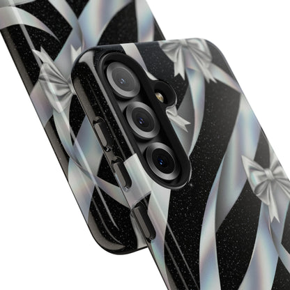 Silver Ribbon Bow Tough Phone Case — Glitter Black Protective Phone Case