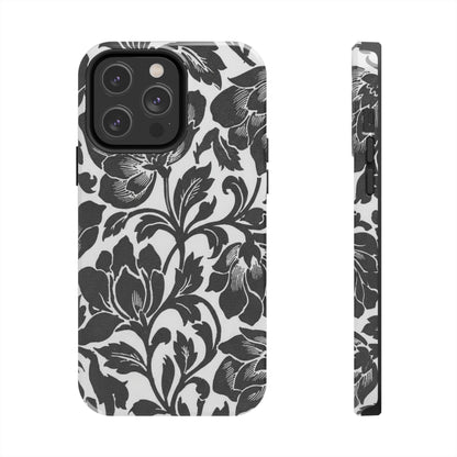 Tough Phone Case — Black & White Vintage Floral Protective Cover