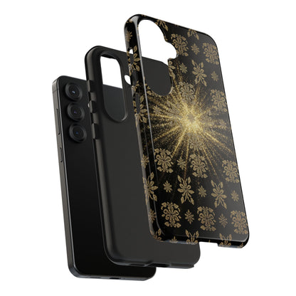 Glitter Burst Tough Phone Case — Black & Gold Floral Protective Cover