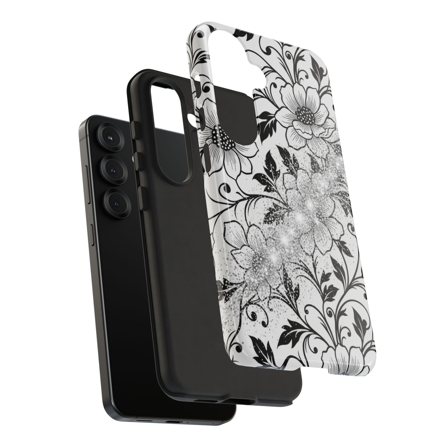 Floral Lace Phone Case — Black & White Vintage Flower Protective Case